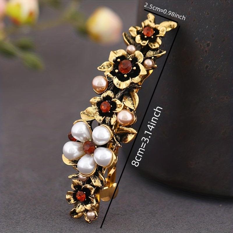 Retro Metal Flower Faux Pearl Hair Clip French Barrette