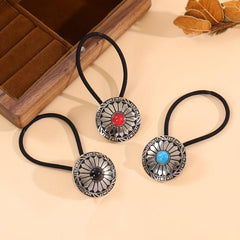 Western Style Hair Tie with Turquoise Decor - Elastic Ponytail Holder