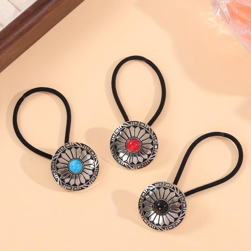 Western Style Hair Tie with Turquoise Decor - Elastic Ponytail Holder
