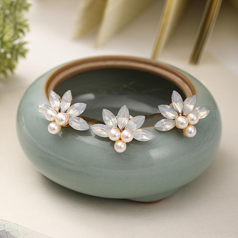 Vintage Chinese Style Hair Comb Faux Pearl Flower Leaf Metal Chignon