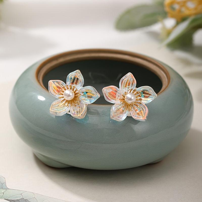 Vintage Chinese Style Hair Comb Faux Pearl Flower Leaf Metal Chignon