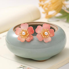 Vintage Chinese Style Hair Comb Faux Pearl Flower Leaf Metal Chignon