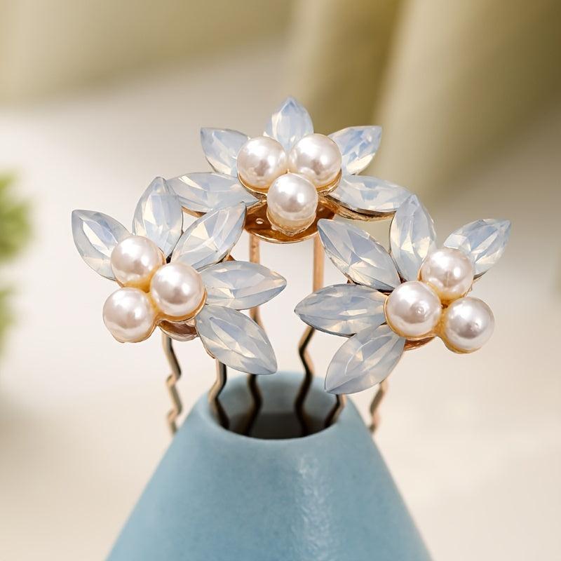 Vintage Chinese Style Hair Comb Faux Pearl Flower Leaf Metal Chignon