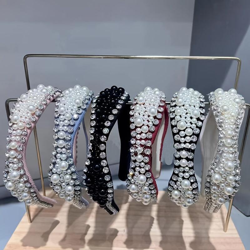 Pearls Beaded Rhinestone Hairband Headpiece for Women Girls