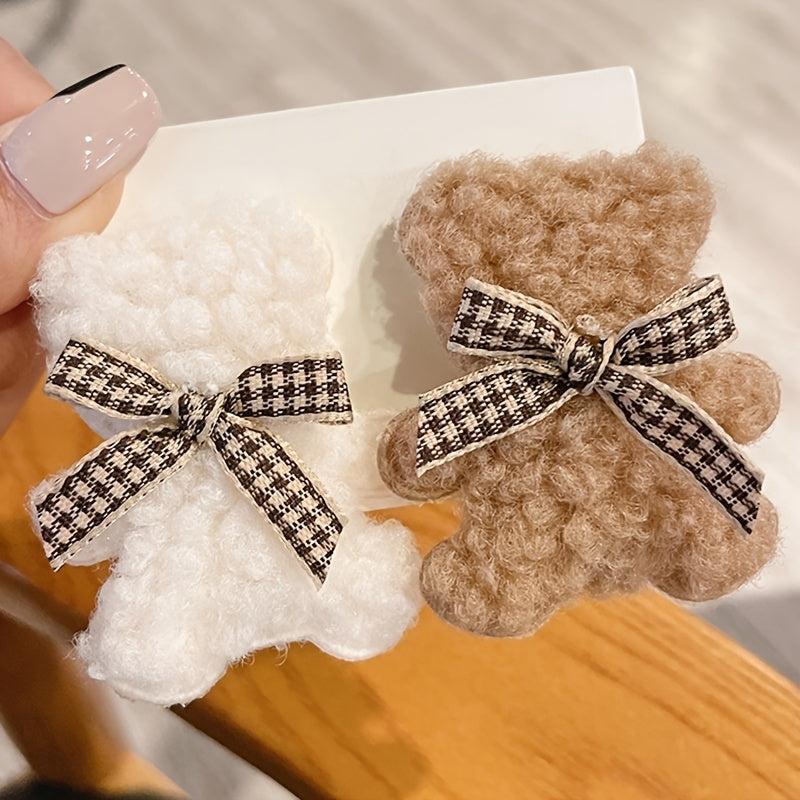 2pcs Plush Bear Hair Clips Sweet Cartoon Plush Women Hairpin