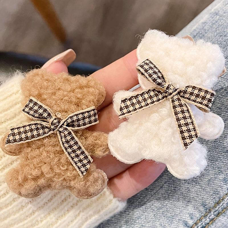 2pcs Plush Bear Hair Clips Sweet Cartoon Plush Women Hairpin