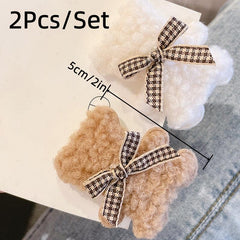 2pcs Plush Bear Hair Clips Sweet Cartoon Plush Women Hairpin
