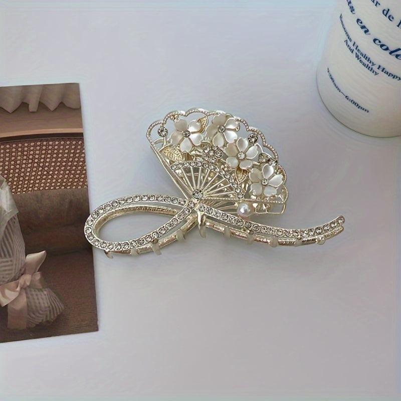 Vintage Rhinestone Flower Fan Hair Claw for Women
