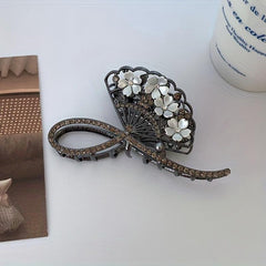 Vintage Rhinestone Flower Fan Hair Claw for Women