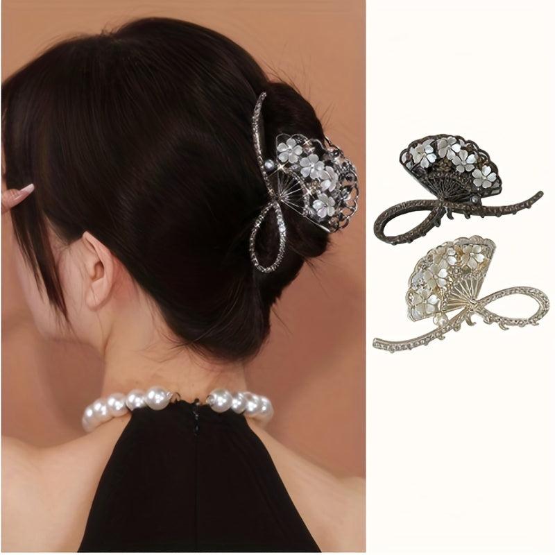 Vintage Rhinestone Flower Fan Hair Claw for Women