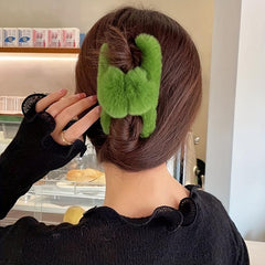Green Plush Faux Fur Large Hair Claw Clip for Thick Hair