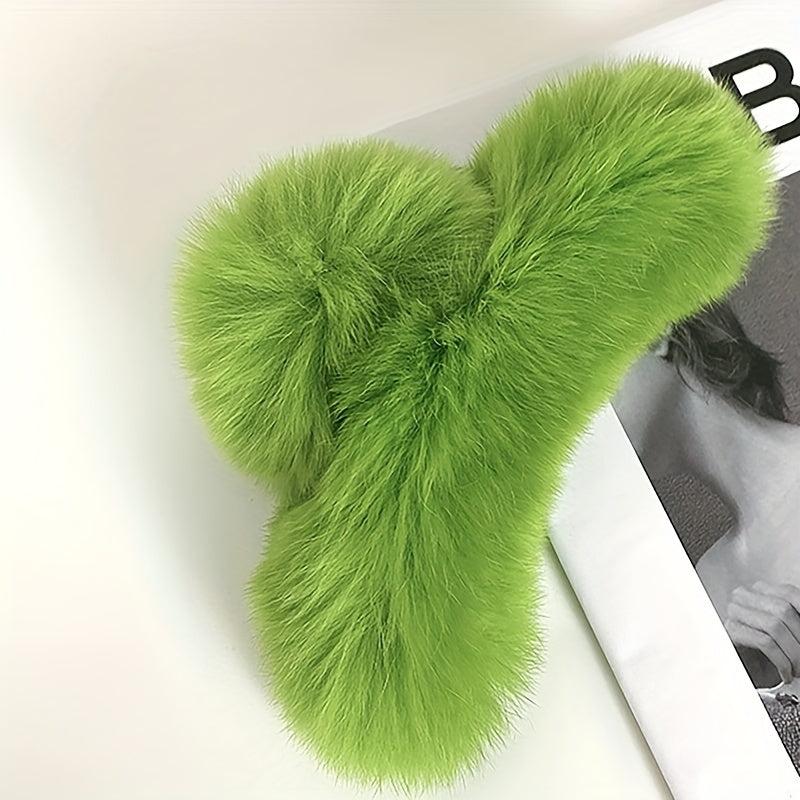 Green Plush Faux Fur Large Hair Claw Clip for Thick Hair