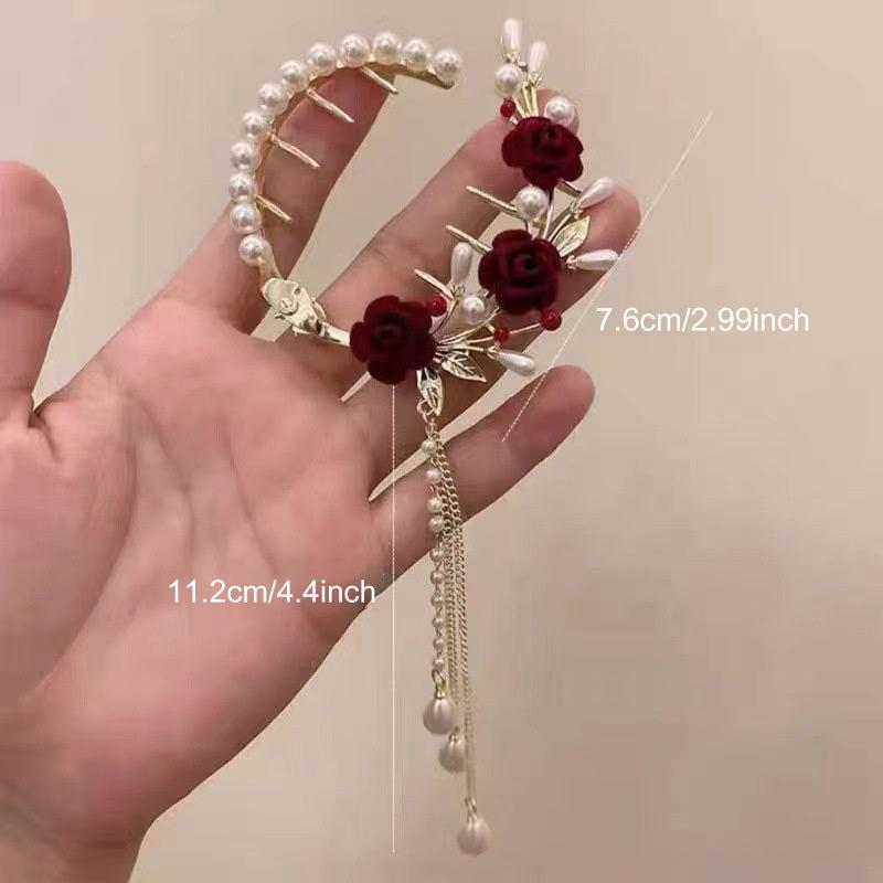 Rose Flower Faux Pearl Tassel Hair Clip Chinese Style Hair Accessory