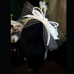 French Vintage Beaded Faux Pearl Bow Veil Headband Bridal Wedding