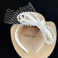 French Vintage Beaded Faux Pearl Bow Veil Headband Bridal Wedding
