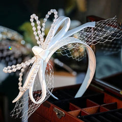 French Vintage Beaded Faux Pearl Bow Veil Headband Bridal Wedding