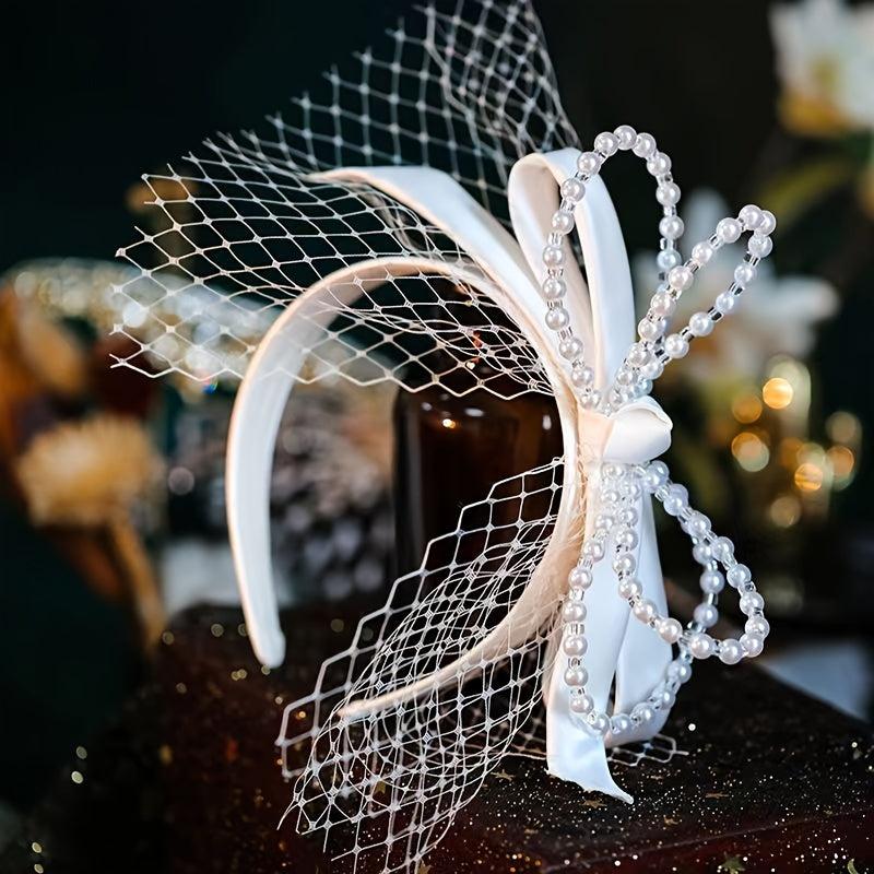 French Vintage Beaded Faux Pearl Bow Veil Headband Bridal Wedding