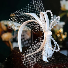 French Vintage Beaded Faux Pearl Bow Veil Headband Bridal Wedding