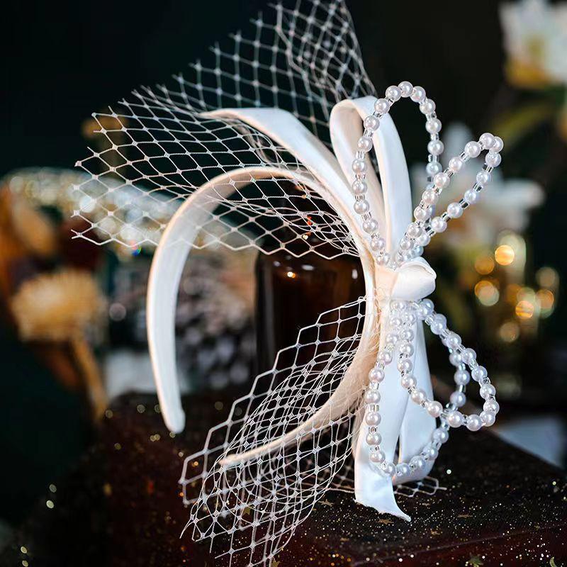 French Vintage Beaded Faux Pearl Bow Veil Headband Bridal Wedding