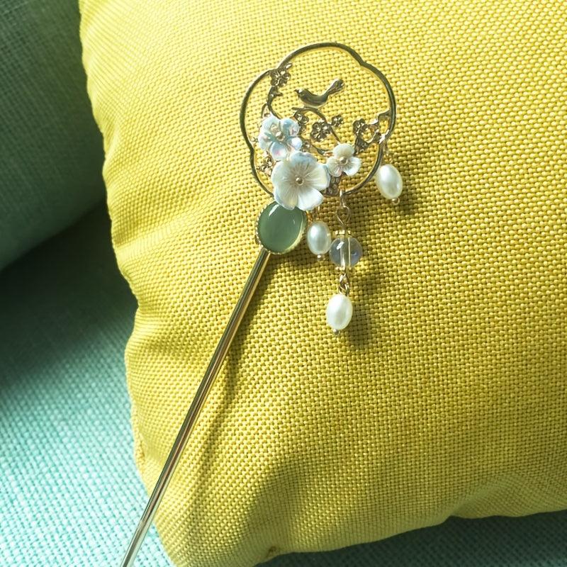 Hanfu Hairpin Faux Pearl Flower Metal Chignon Vintage Chinese Style Cheongsam