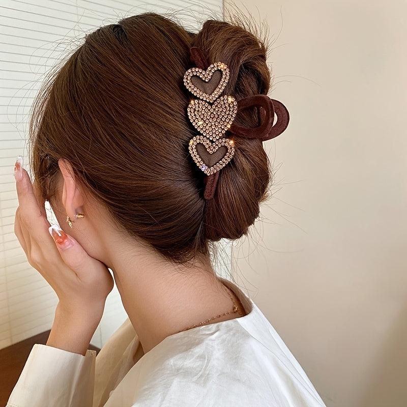 Heart Rhinestone Hair Claw Velvet Ponytail Holder Clip