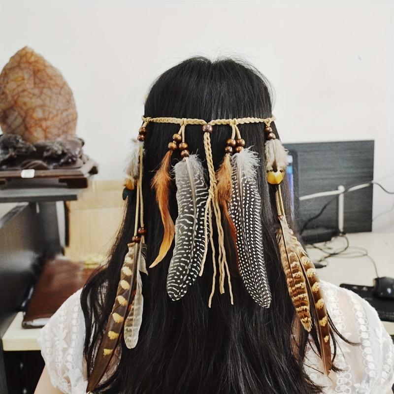 Boho Feather Hair Band Beaded Tassel Headdress