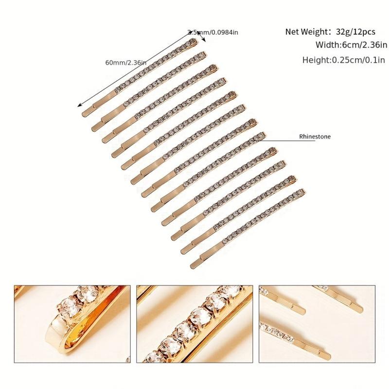 12pcs Rhinestone Decor Hair Clip Bobby Pin Non Slip Metal Hair Accessory