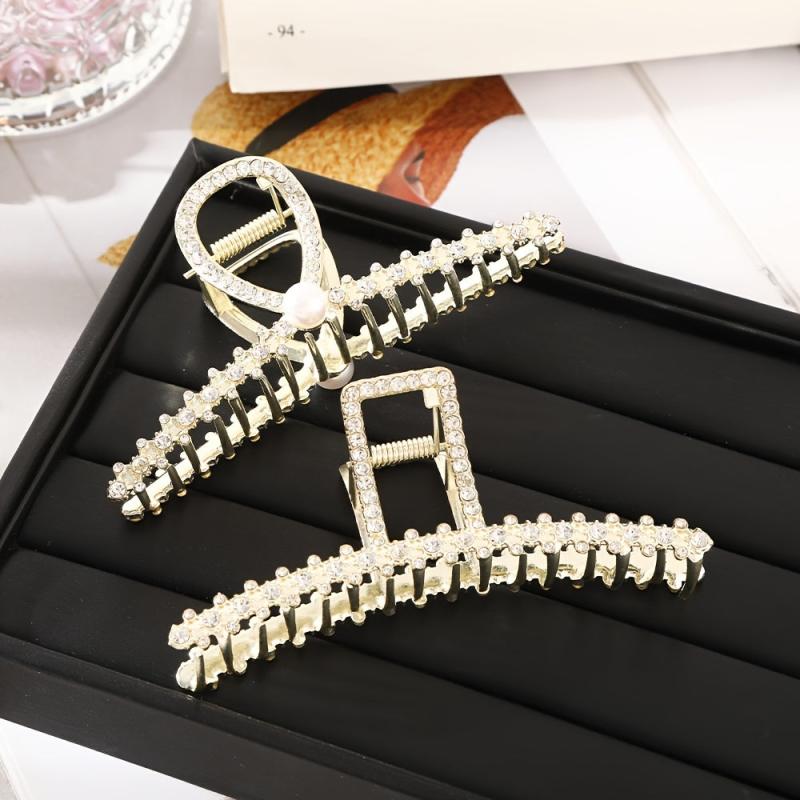 Rhinestone Pearl Cross Hair Claw Clip Golden Grip Hair Jaw Clip