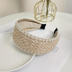 Boho Straw Knitted Headband Wide Head Hoop Ratten Headdress Hair Accessories