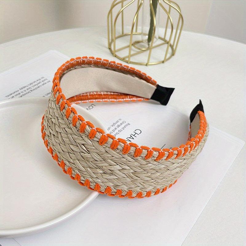 Boho Straw Knitted Headband Wide Head Hoop Ratten Headdress Hair Accessories