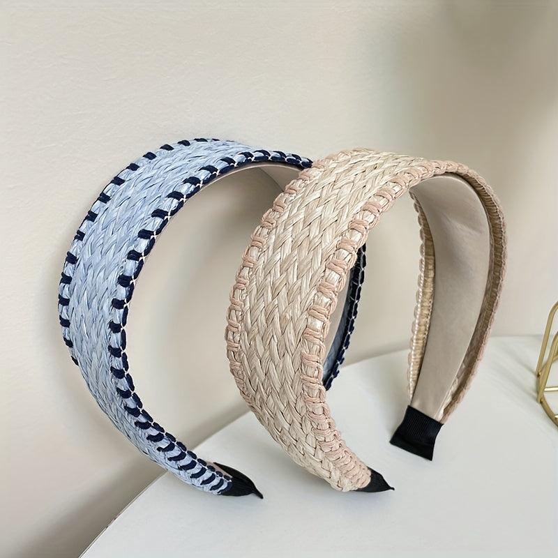 Boho Straw Knitted Headband Wide Head Hoop Ratten Headdress Hair Accessories