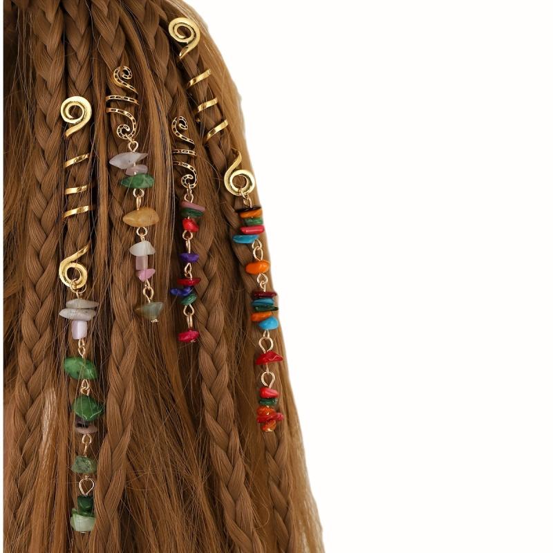 Braided Spiral Hair Ring Natural Stone Pendant Dreadlock Retro Hair Clip