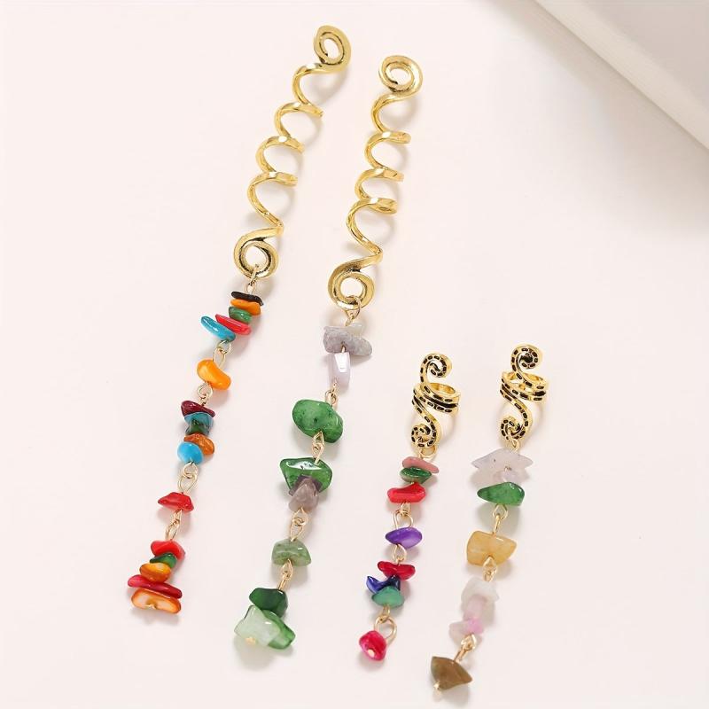 Braided Spiral Hair Ring Natural Stone Pendant Dreadlock Retro Hair Clip