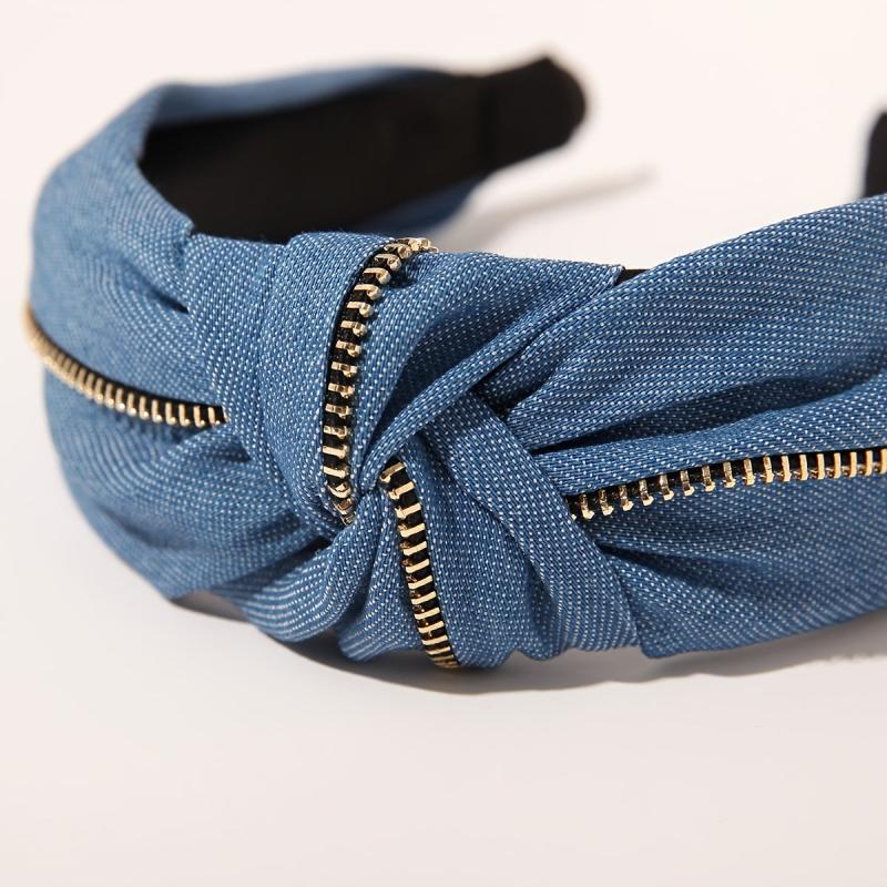 Women Jeans Zipper Headbands With Twist Knot Wide Turban Headwraps Hair Band