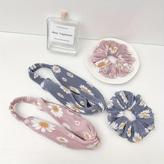 Daisy Print Pleated Headband Scrunchies Hair Tie Sweet Hair Rope Ponytail Holder