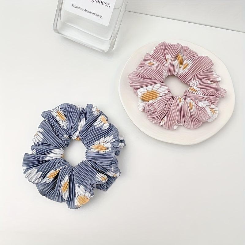 Daisy Print Pleated Headband Scrunchies Hair Tie Sweet Hair Rope Ponytail Holder