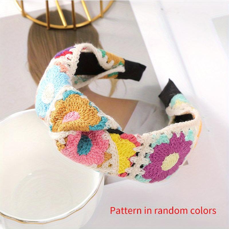 Knit Flower Headband Boho Style Head Hoop Metal Headdress For Women Girls