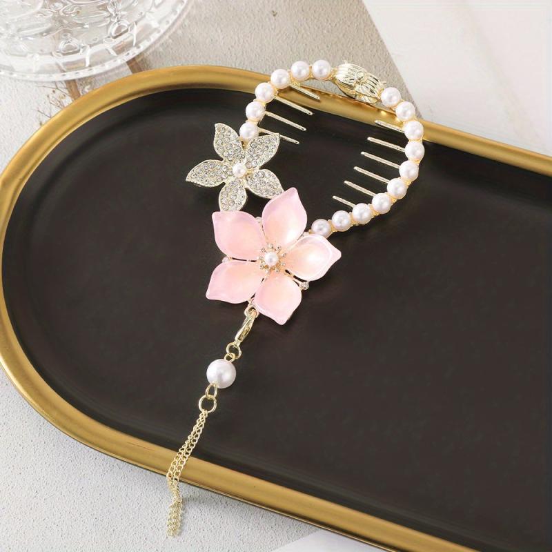 Flower Banana Clip With Pearl Tassel Hair Clip