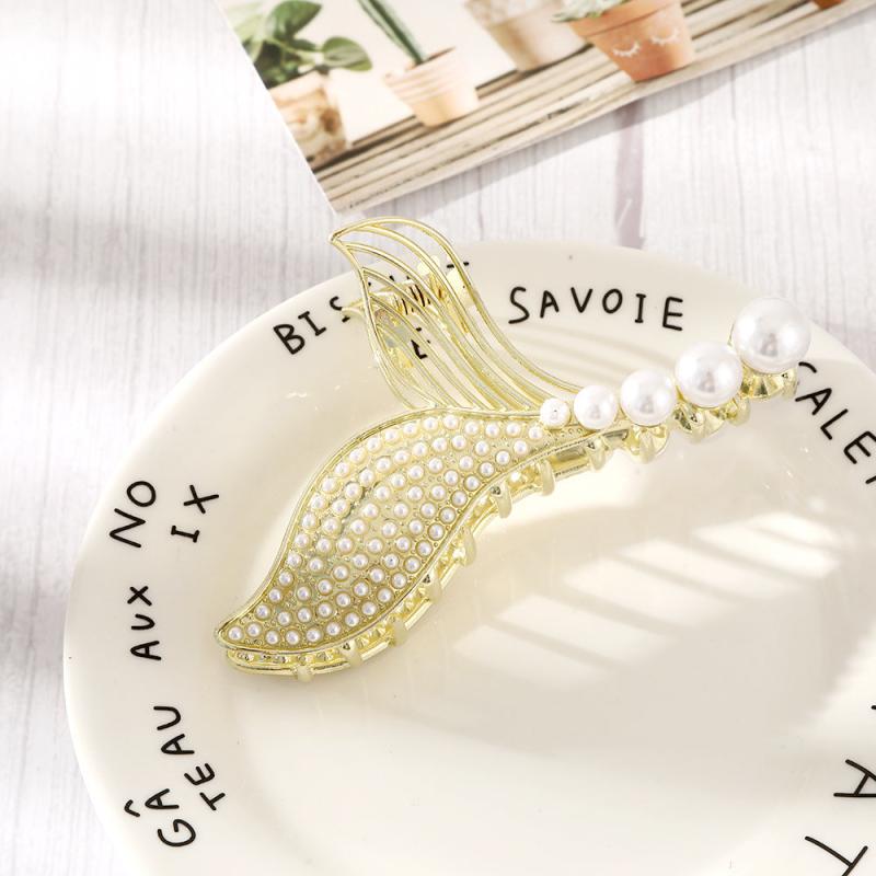 Golden Metal Faux Pearl Hair Clip Tassel Flower Hair Claw Barrettes