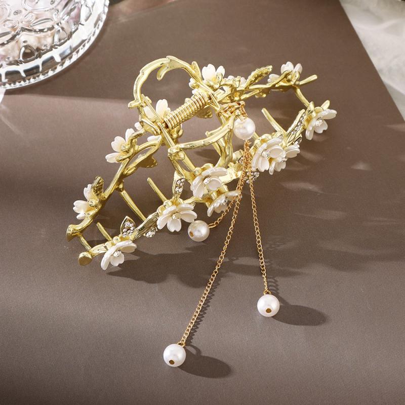 Golden Metal Faux Pearl Hair Clip Tassel Flower Hair Claw Barrettes