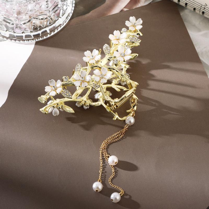 Golden Metal Faux Pearl Hair Clip Tassel Flower Hair Claw Barrettes