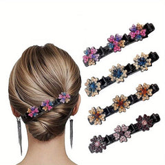 4PCS Satin Fabric Clover Sparkling Crystal Hair Clips Hairpins
