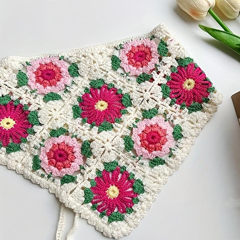 Women Floral Crochet Boho Kerchief Bandana Flower Hair Band