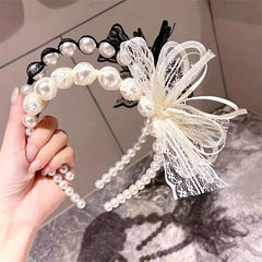 Lace Bow Headband Faux Pearl Hair Band for Women