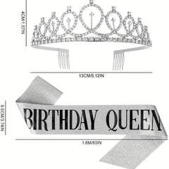 Crown & Pink Sash Crystal Tiara Set, Women Kids Birthday Decorations