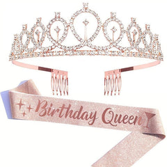 Crown & Pink Sash Crystal Tiara Set, Women Kids Birthday Decorations