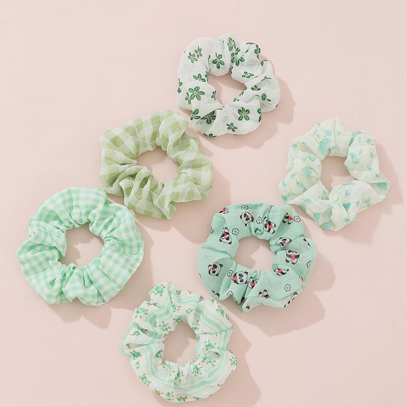 6pcs Checkered Scrunchies Panda Print Hair Rope Elastic Hair Accessories