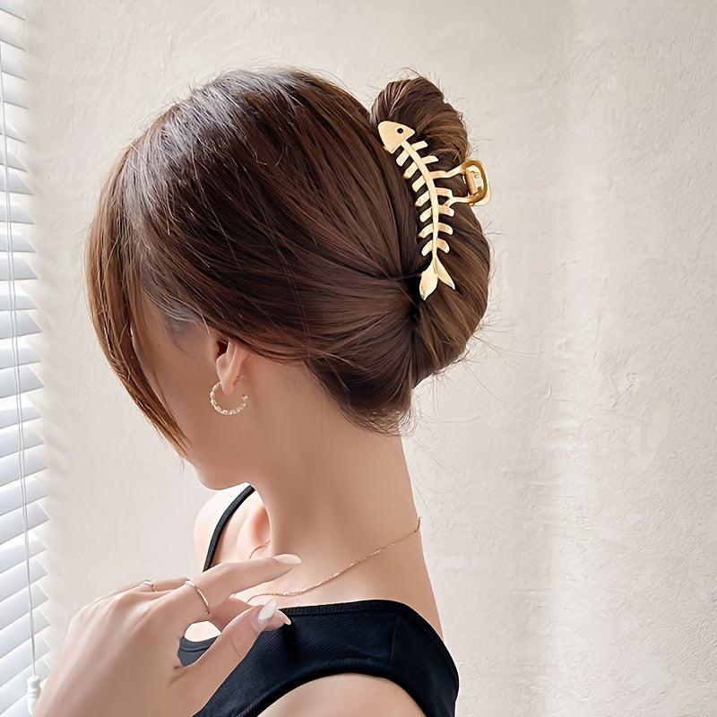 Golden Fish Bone Hair Claw Clip Large Metal Hair Jaw Clamps Nonslip Hair Clip