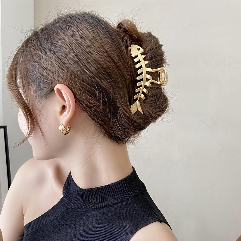 Golden Fish Bone Hair Claw Clip Large Metal Hair Jaw Clamps Nonslip Hair Clip