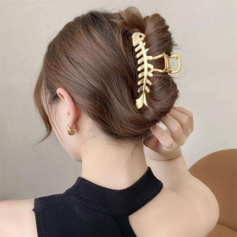 Golden Fish Bone Hair Claw Clip Large Metal Hair Jaw Clamps Nonslip Hair Clip